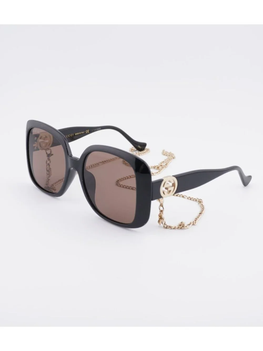 Gucci GG1029SA 005 Sunglasses Black with Gold Chain Square Frame, Brown Lenses